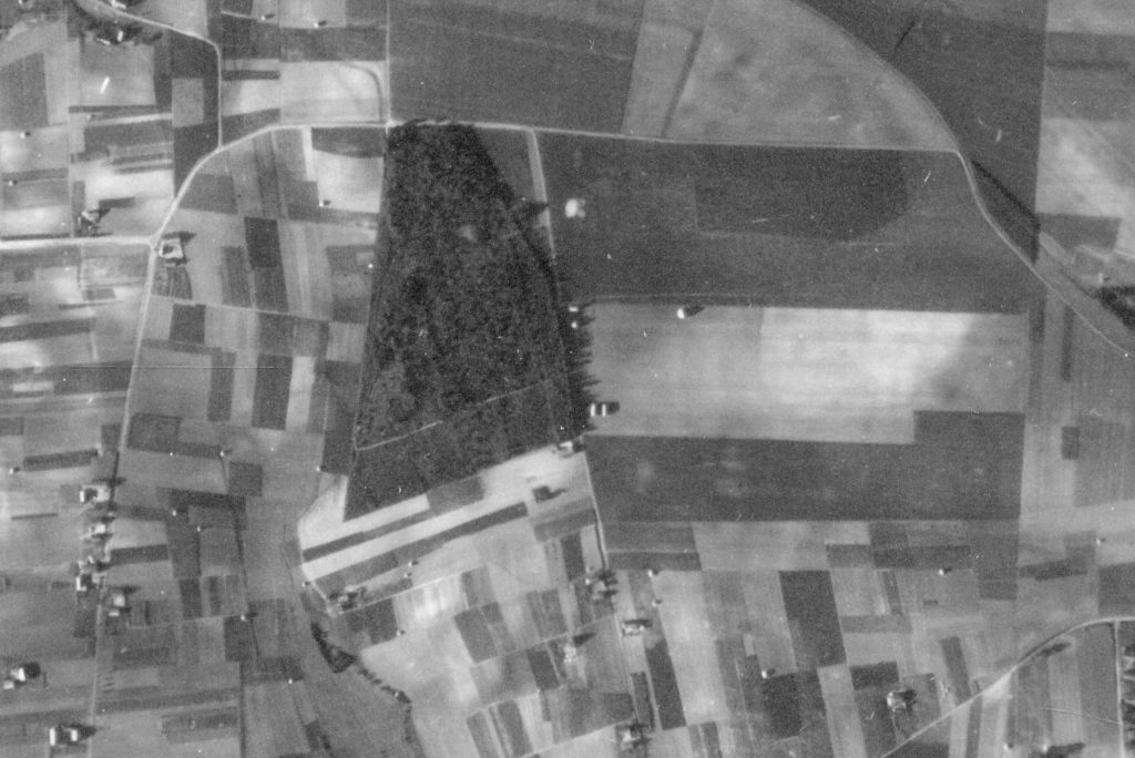 Prawdopodobne miejsce zrzutu na polach wsi WIerzbno. Zdjęcie lotnicze z 1944 roku.