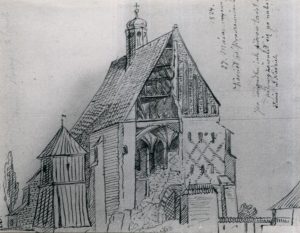 Rysunek Brodowskiego przedstawiający zawalony kościół w Proszowicach (wikipedia.org)