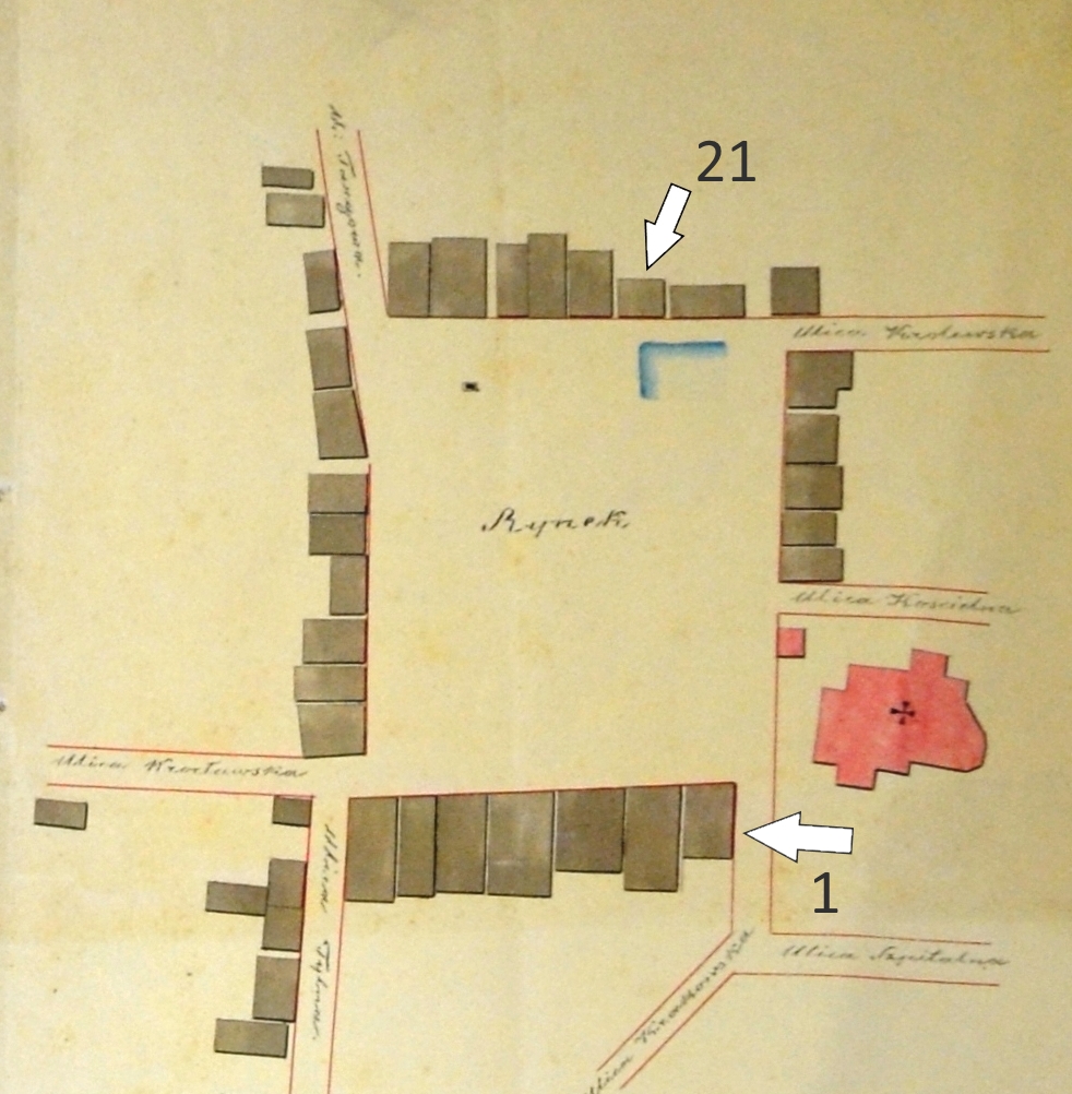 Ryc. 3 Plan z 1846 r. z zaznaczonymi posesjami przy proszowskim Rynku (ze zbiorów AP w Kielcach, sygn. 21/1/0/-/2621, strzałki i numery pochodzą od autora)