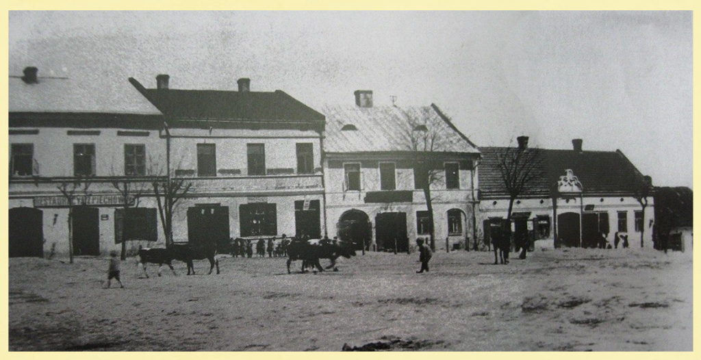 Widok północnej strony Rynku z widocznym w centrum budynkiem apteki. Zdjęcie wykonane około 1910 r., w czasie gdy właścicielami budynku apteki byli Maria i Józef Gałęzowscy (źródło: zbiory Miejskiej Biblioteki Publicznej w Proszowicach)