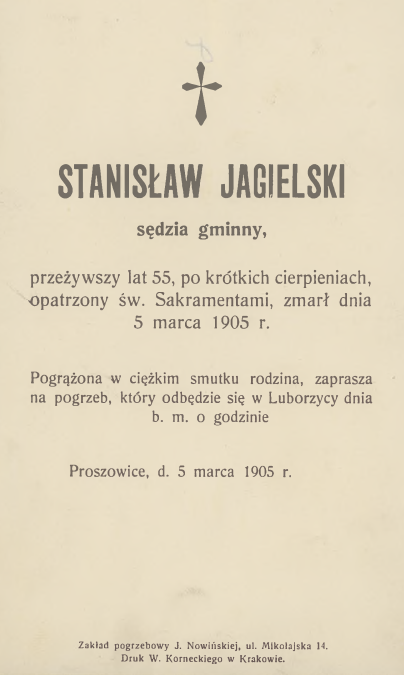 Nekrolog Stanisława Jagielskiego, drugiego (po Antonim Sikorskim) właściciela apteki (źródło: zbiory Biblioteki Jagiellońskiej w Krakowie).