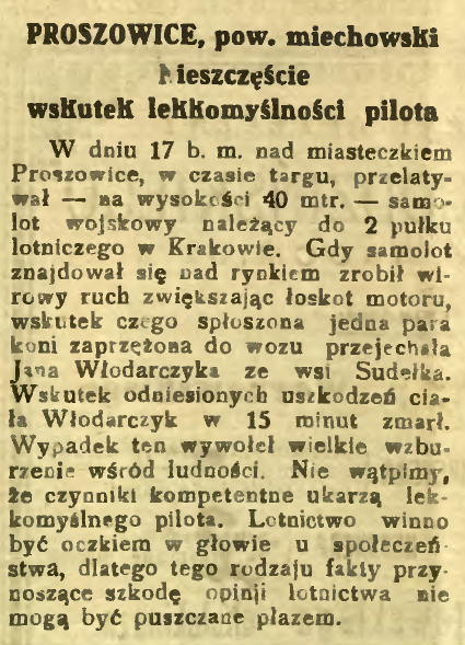 Notatka prasowa dotycząca wypadku w Proszowicach, opublikowana w czasopiśmie „Słowo” nr 97 z 26 kwietnia 1929 r. 